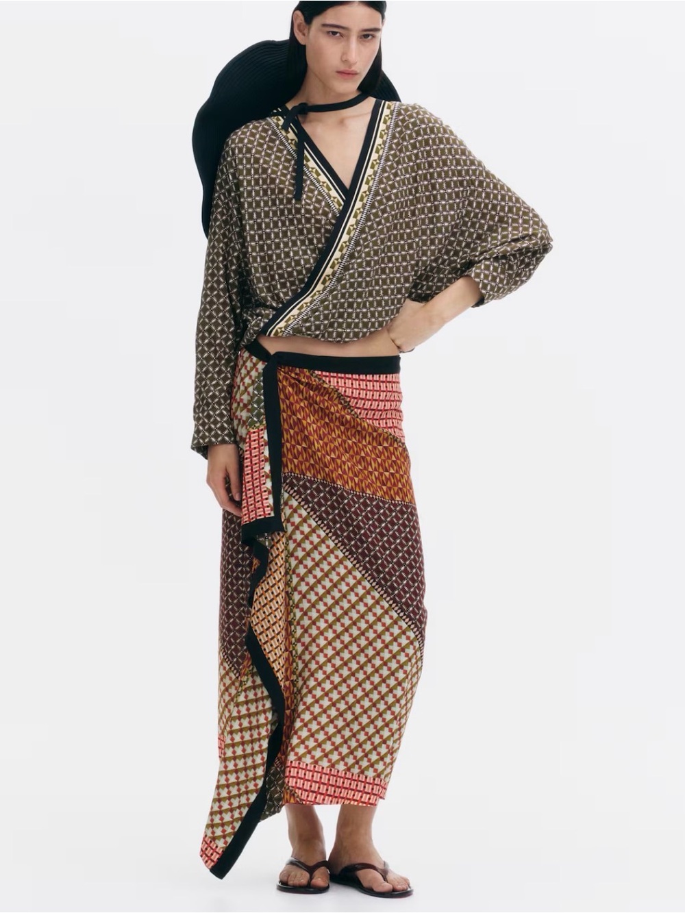 H&M Asymmetrical Patchwork Midi Skirt in Red, Olive, Black and Cream size XS NWT